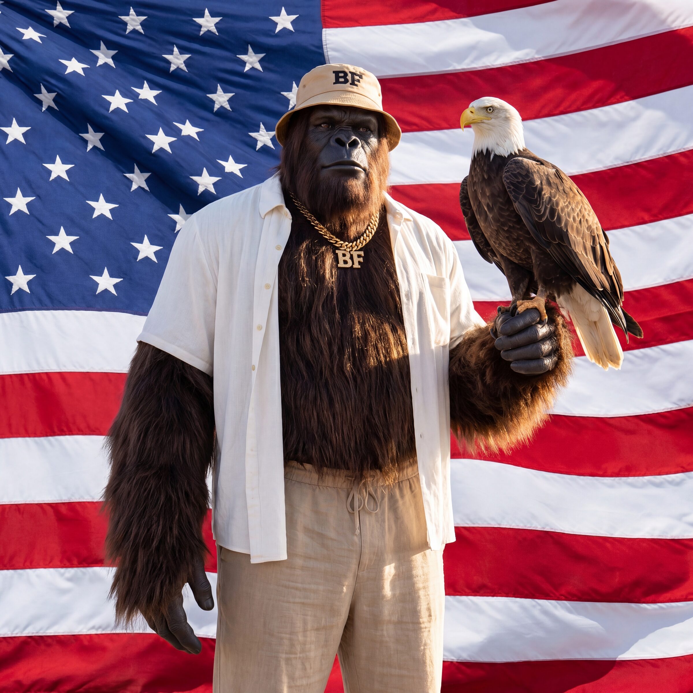 Bigfoot of America with bald eagle and American flag